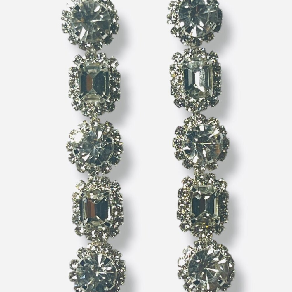 Elegant Art Deco Themed Silver Toned Drop Earrings with Clear Stone Accents NEW